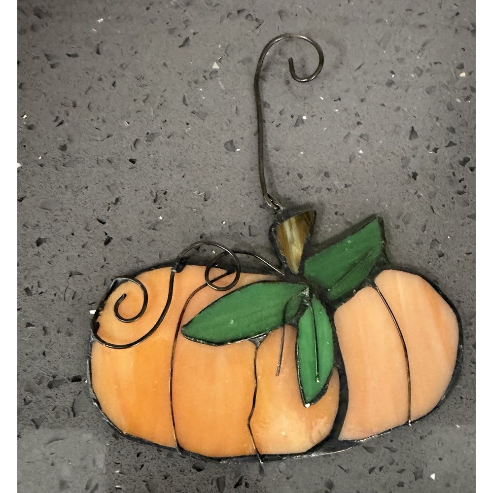 Vtg Stained-Glass Orange Pumpkin Suncatcher Decor Window Fall